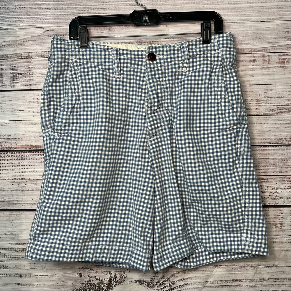 Abercrombie and Fitch Mens 31 Gingham Plaid Blue Shorts Cotton Button Fly Preppy